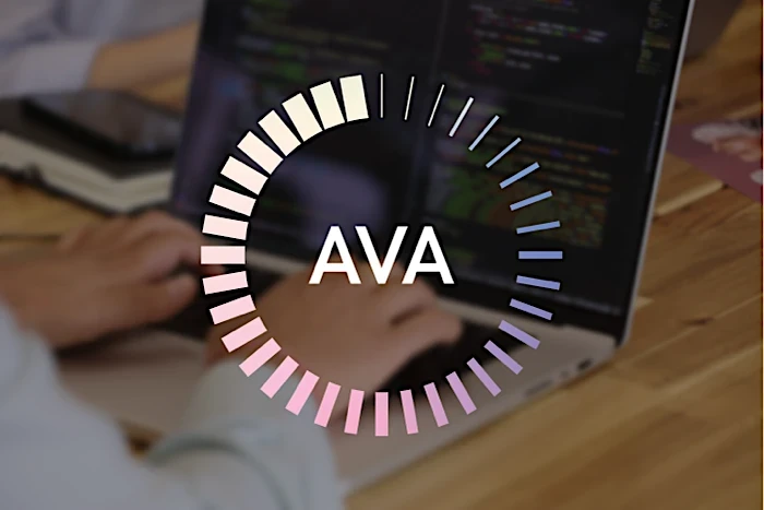 Close-up of the AVA interface displayed over a laptop, representing Avantia’s AI-powered legal technology in use