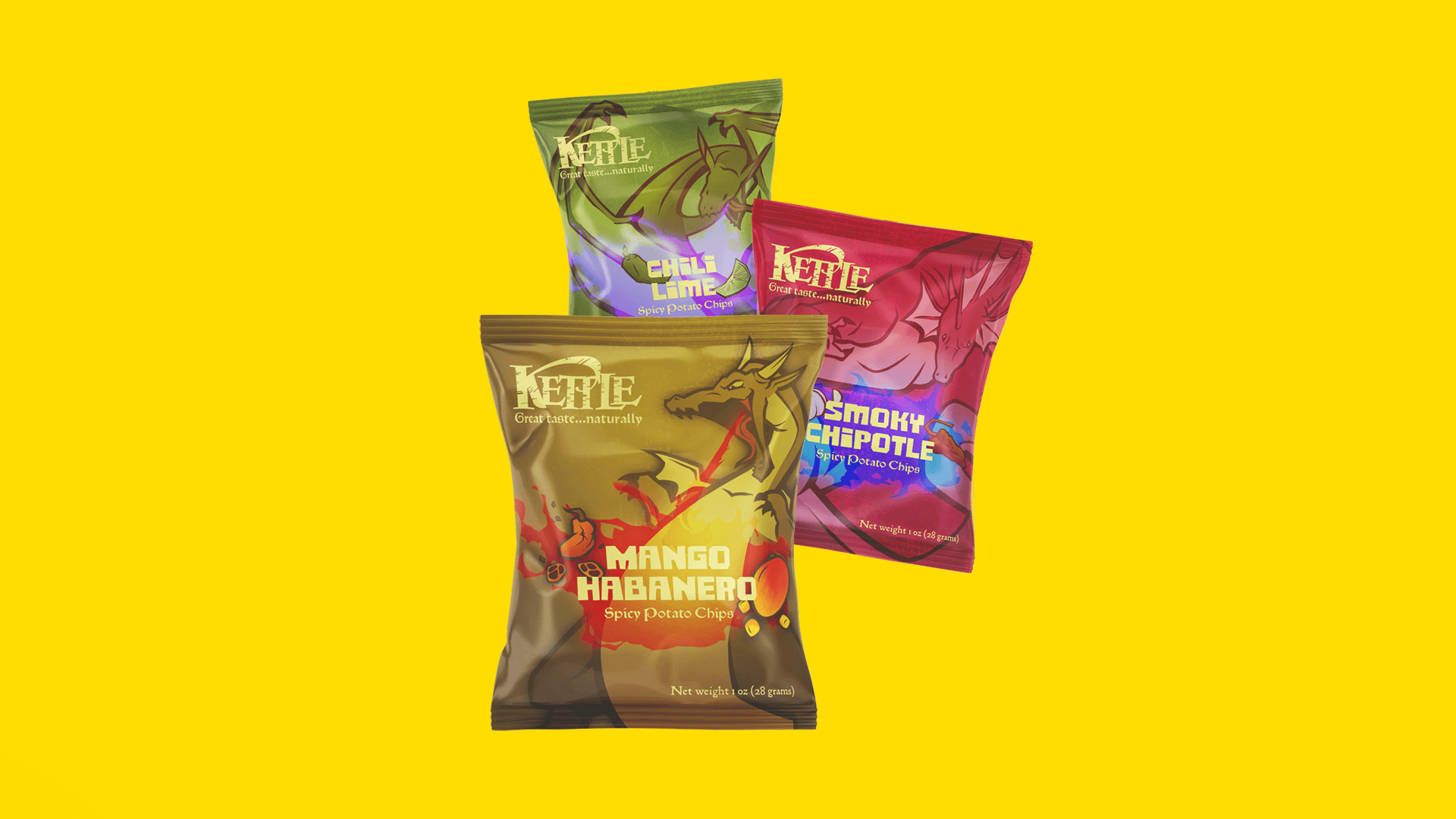 Three chip bags for various spicy flavors, in a green, yellow, and scarlet packaging featuring dragon illustrations.