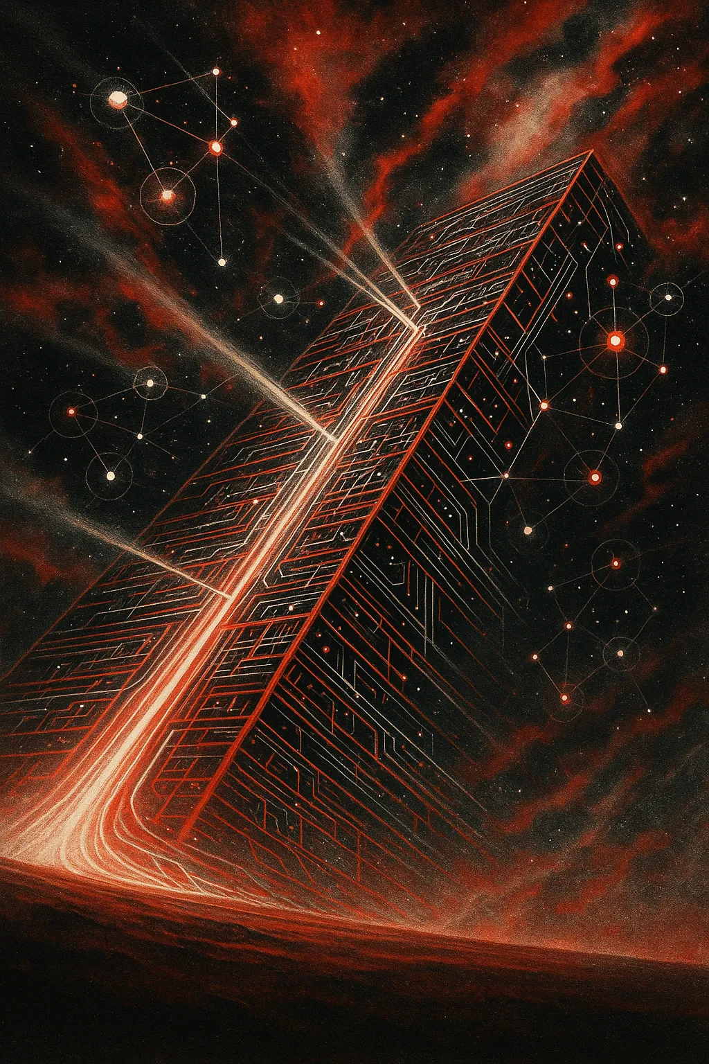 Futuristic circuit tower in space; RockN' Socials Digital Marketing Agency.