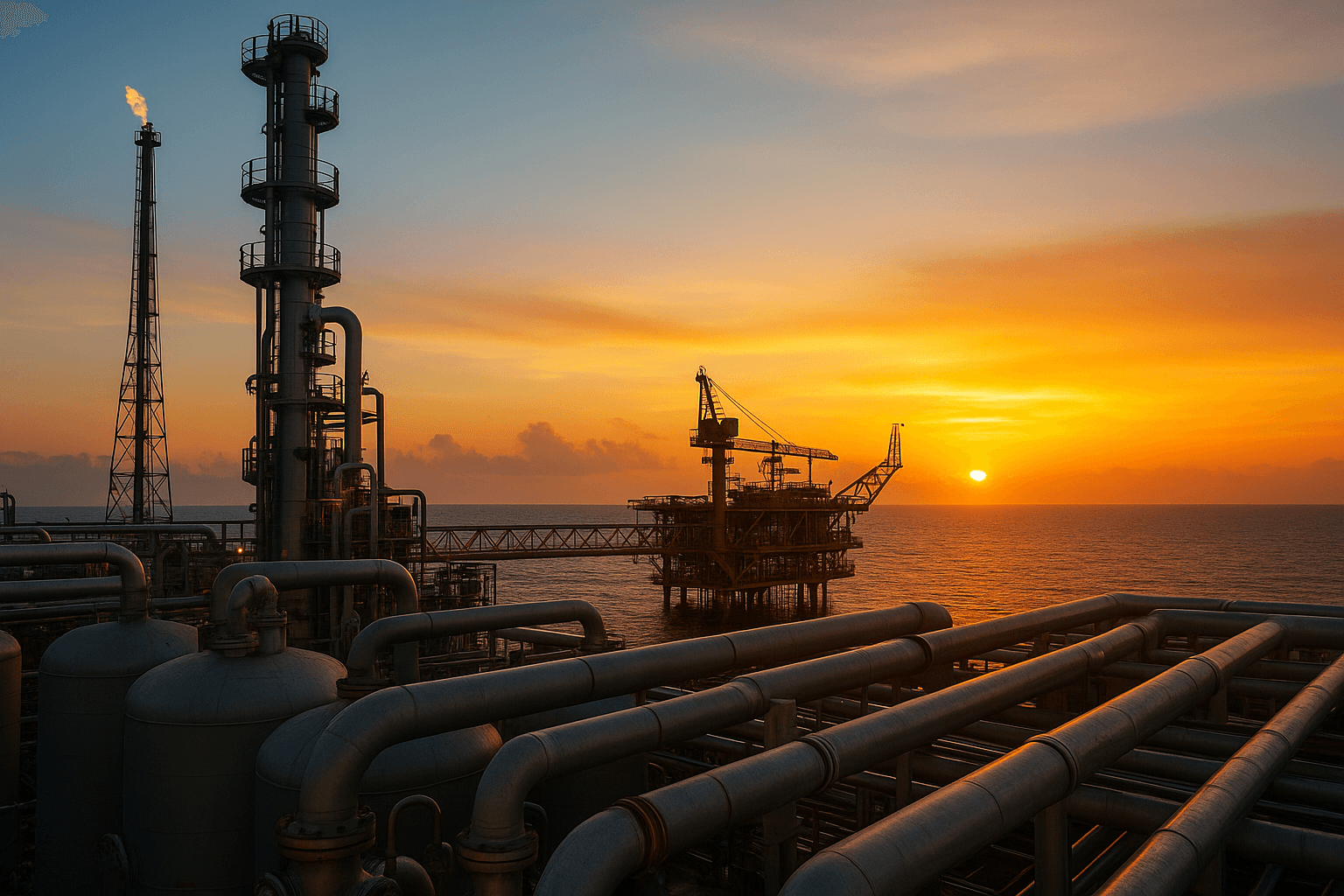 Offshore oil and gas platform at sunset with ERP solutions integration