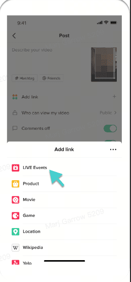 A screenshot of the TikTok "Add link" menu with a blue arrow pointing to the "LIVE Events" option.