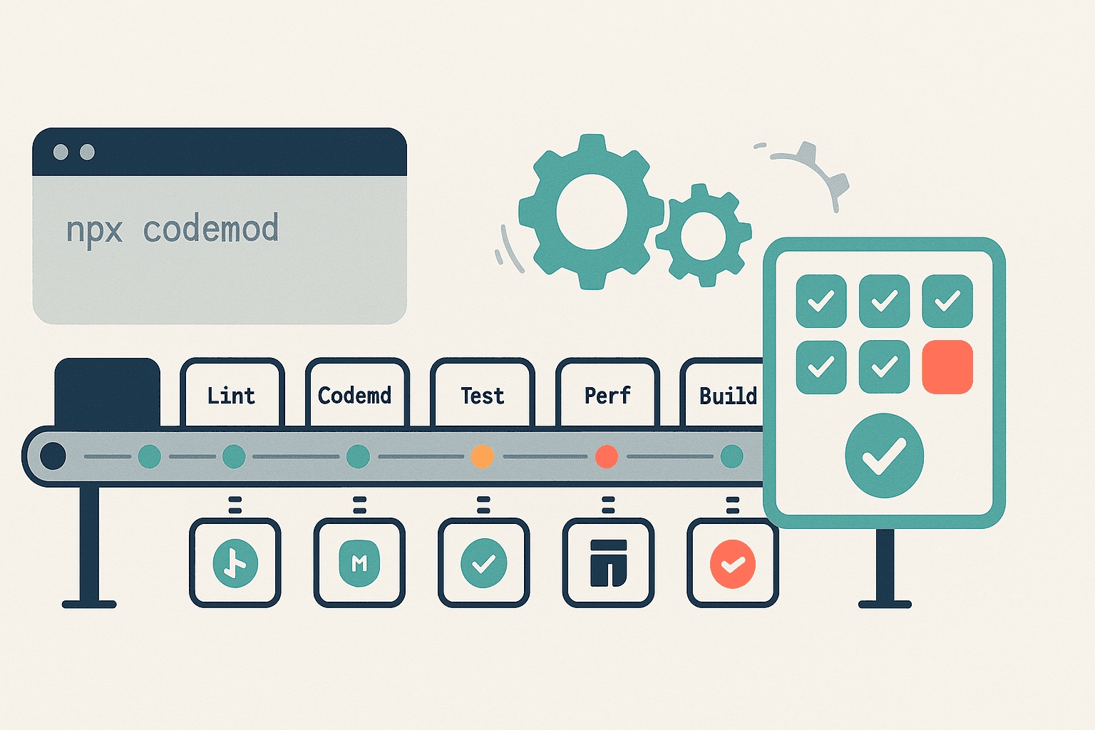 “Flat illustration of an automated React migration pipeline showing a codemod terminal, a conveyor belt with lint, codemod, test, perf, build, and canary stages, and a dashboard displaying test results with mostly green checkmarks.”