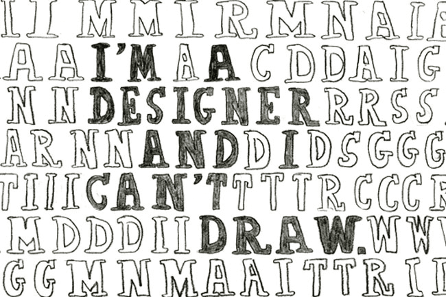 A black hardcover book titled "I'M A DESIGNER AND I CAN'T DRAW" is displayed, featuring a textured cover and a slightly worn appearance. The subtitle reads "A BOOK ABOUT VISUALIZING IDEAS" and it is authored by Mariana Uchoa Santa Cruz.