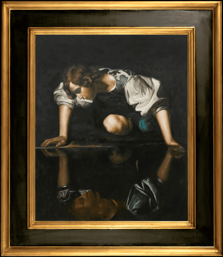 Narciso di Caravaggio, riproduzione dipinta a mano ad olio su tela, copia d'autore di qualità museale - Atelier della Copia d'Autore
