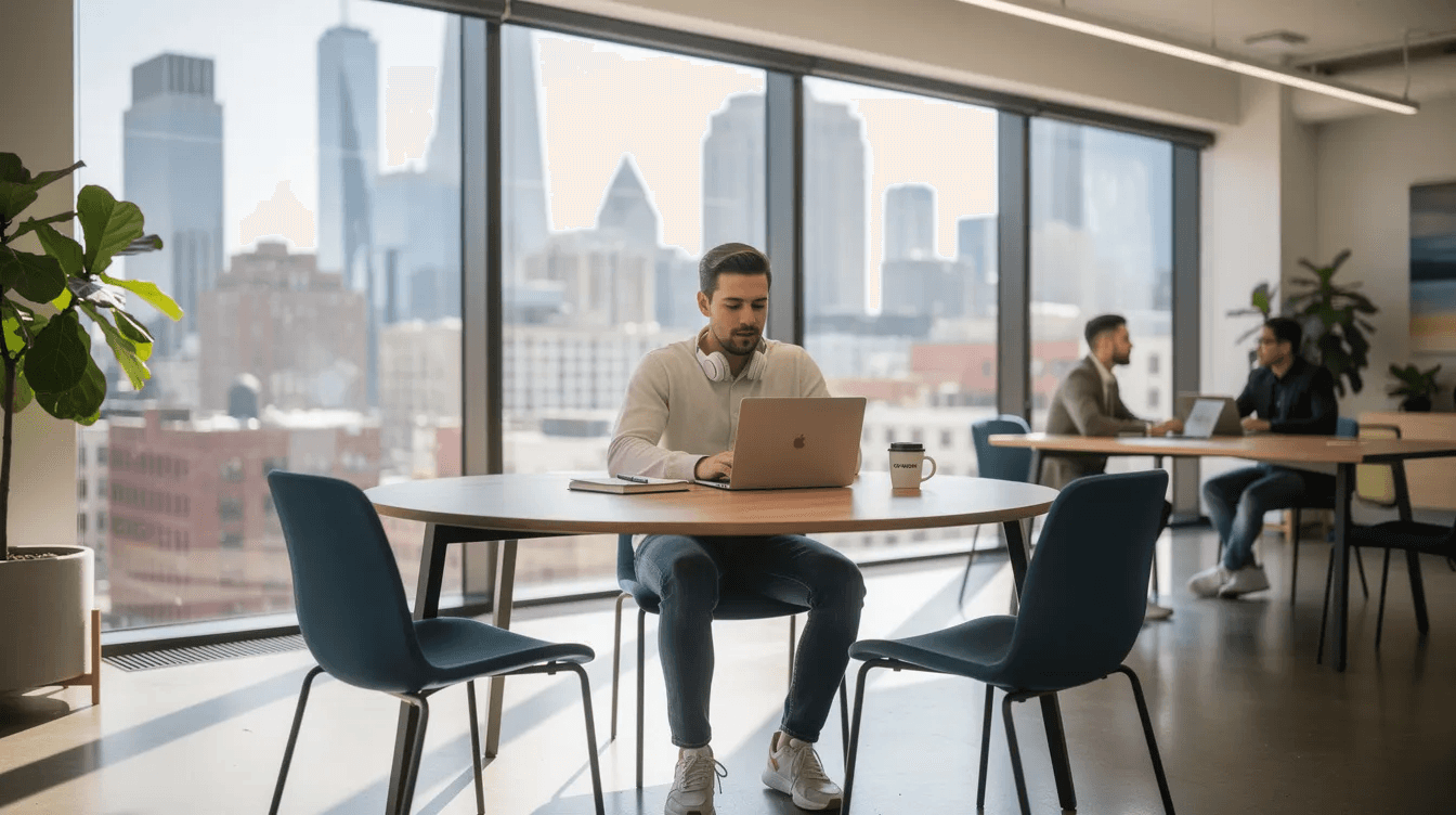 A freelancer is seated at a laptop in a modern co-working space, with a stunning view of the city skyline visible through large windows. This image captures the essence of remote work in the UAE, where businesses must navigate corporate tax regulations and responsibilities, including corporate tax registration and filing corporate tax returns.