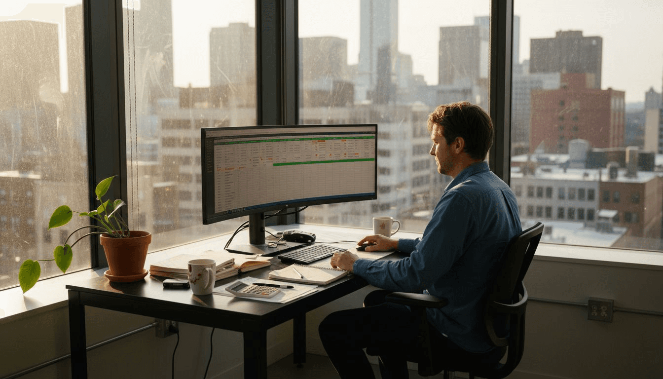 Trader reviewing stock watchlist in office