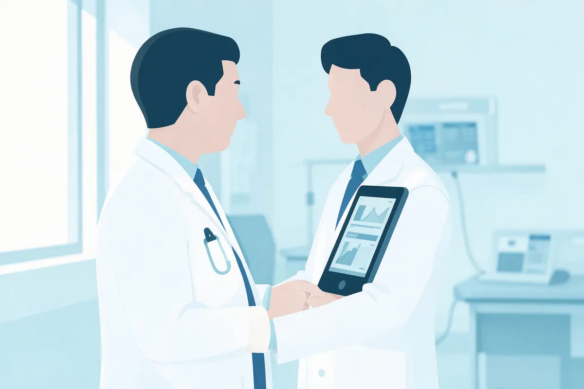A doctor reviewing patient data on a tablet in a bright, modern hospital room, signifying the measurement of medical branding success.
