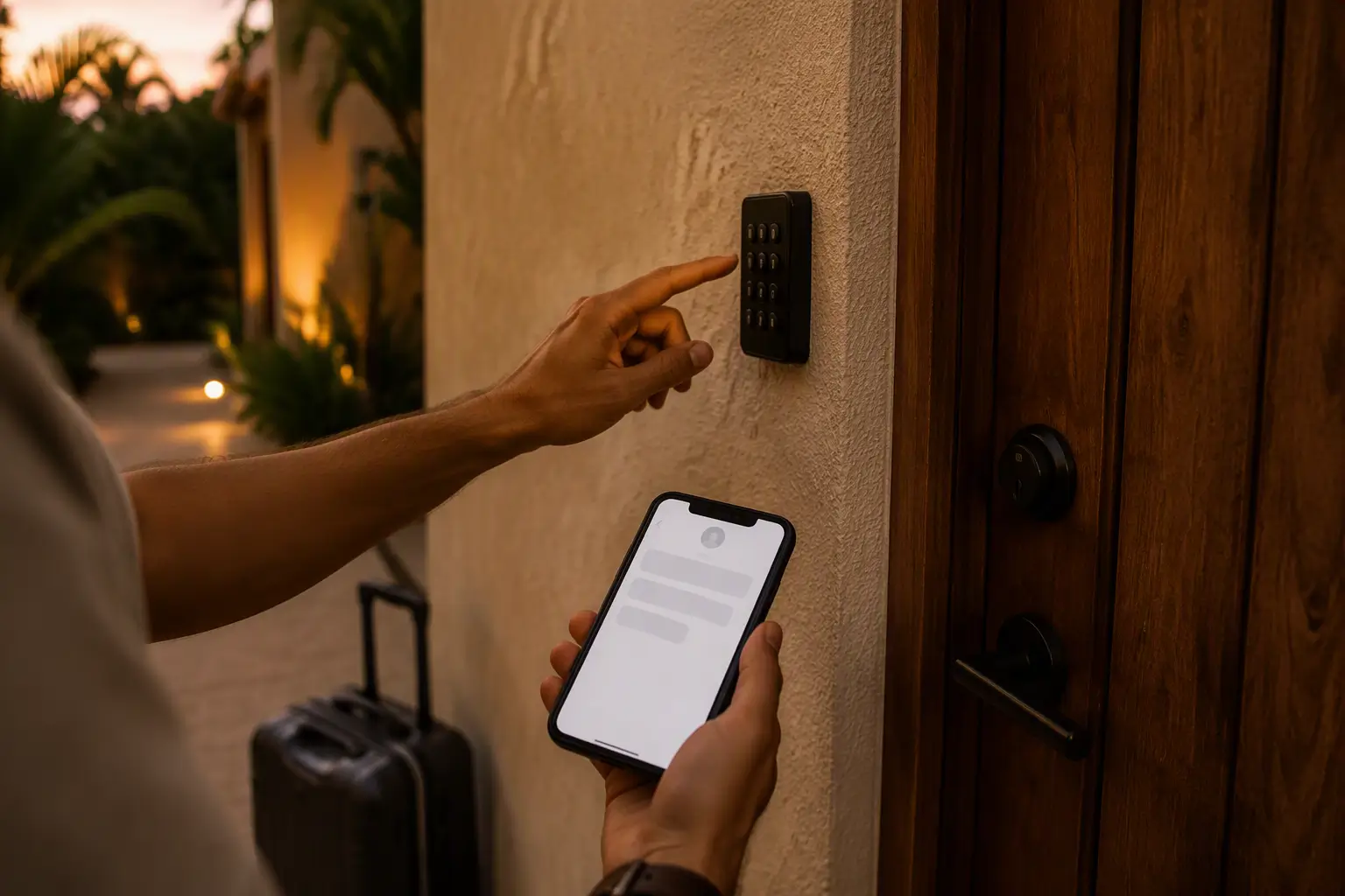A hand reaching toward a keypad lock on a plaster wall at dusk, with the other hand holding a phone low showing an empty message thread, and a suitcase blurred behind.