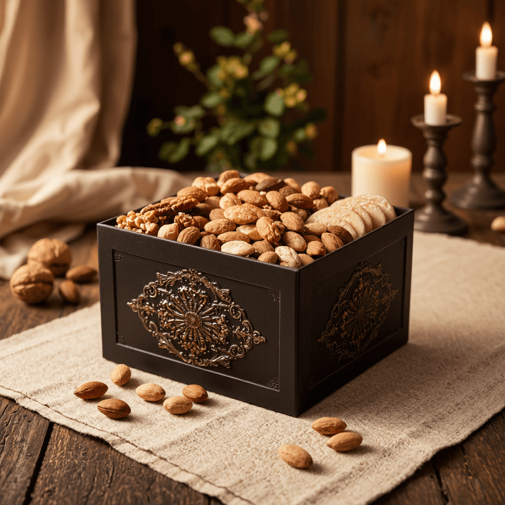 product photography of gift box of mixed nuts and dried fruits
