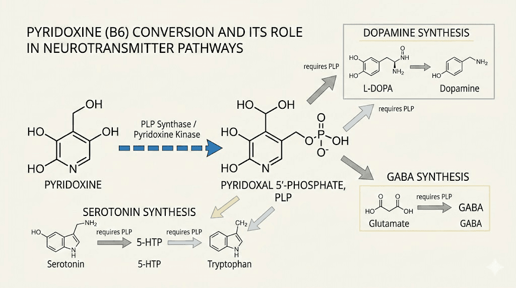 Pyridoxine vitamin B6 conversion to active form and neurotransmitter pathways