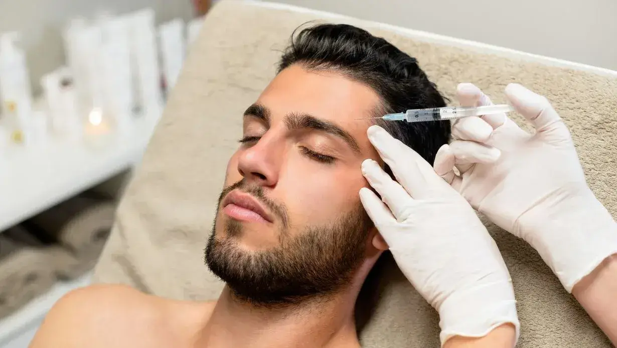 Man receiving Botox injection near the temple area as part of a migraine relief treatment designed to reduce chronic headache frequency and intensity.