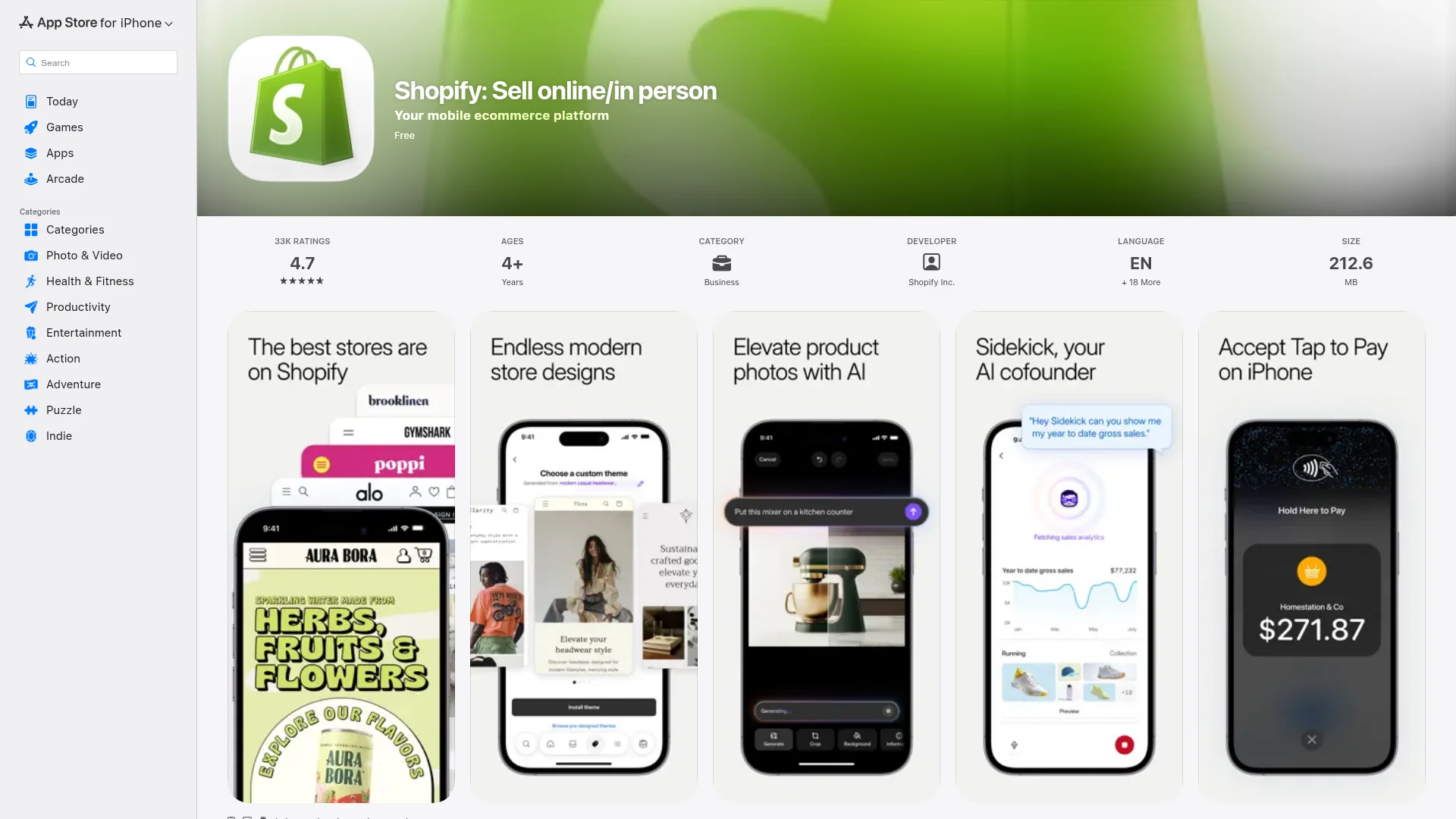 Shopify e-commerce app listing on the Apple App Store showing app screenshots and ratings.