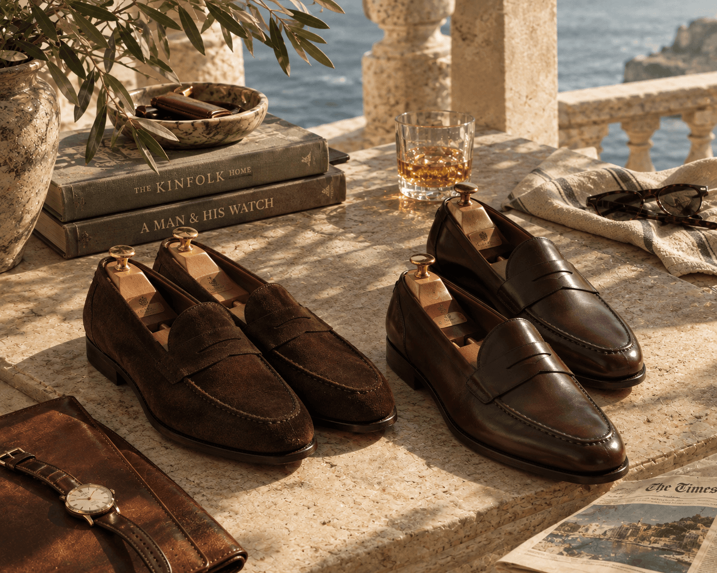 A sun-drenched outdoor flatlay on a travertine stone balcony ledge overlooking a deep blue coastal landscape. Two pairs of classic penny loafers with wooden shoe trees sit side by side: dark brown suede loafers on the left and polished dark brown leather loafers on the right. Surrounding luxury accessories include stacked coffee table books, a ceramic bowl, a glass of whiskey, a striped linen napkin, sunglasses, a leather folio with a vintage-style watch, and a folded copy of The Times newspaper.