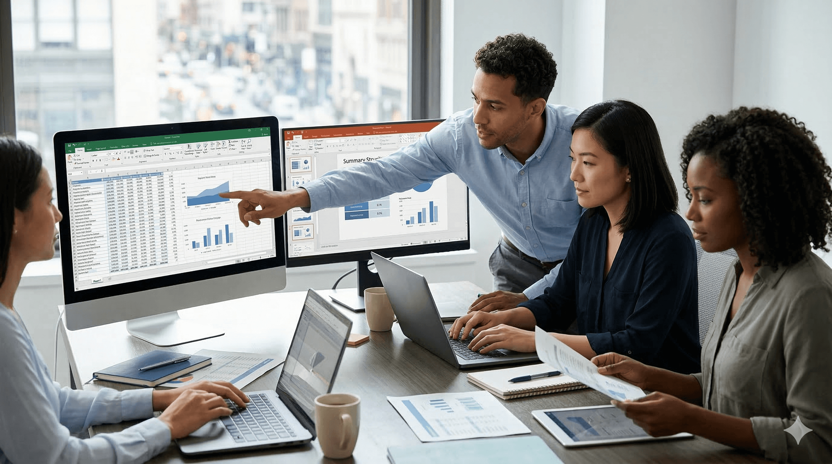 A group of four professionals collaborate at a conference table, using laptops and large desktop monitors displaying Excel spreadsheets and PowerPoint presentations, emphasizing shared workflow contexts for data analysis and presentations.