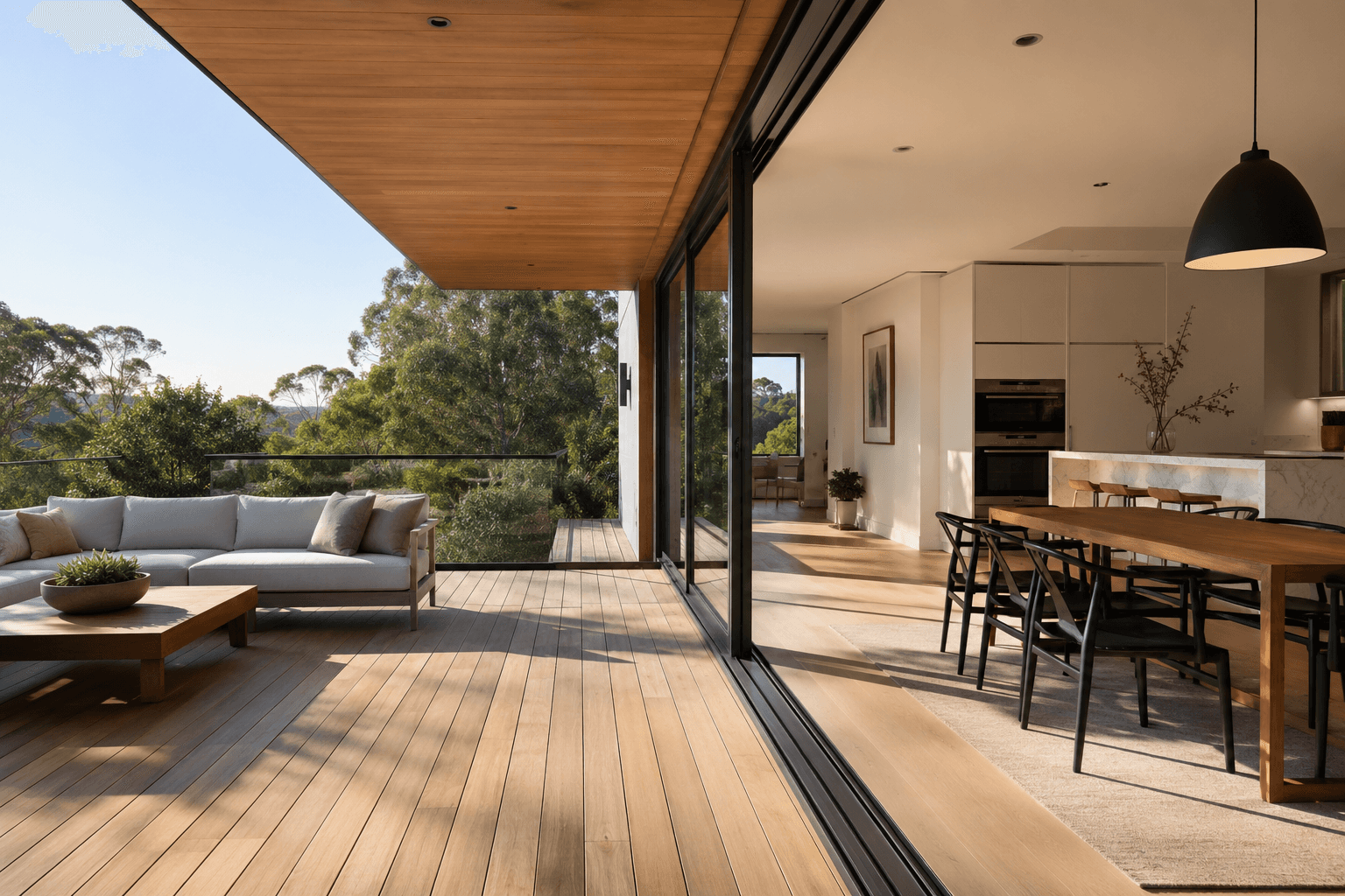 Rendering esterno con ambientazione paesaggistica e luce naturale