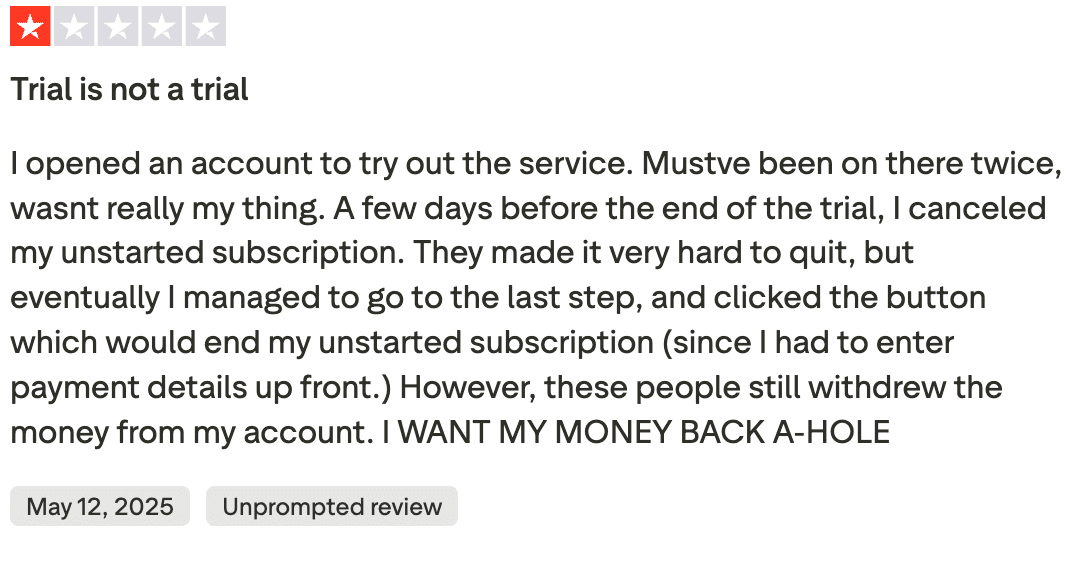1-star review about unexpected trial charge