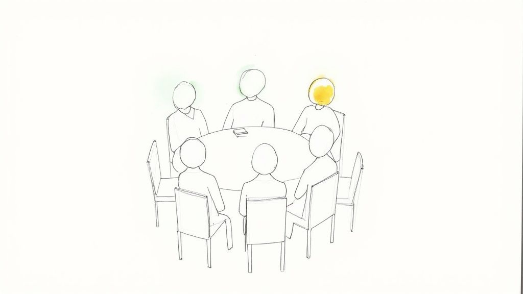 Six outlined figures sit around a table, one highlighted yellow, another green, suggesting a focused discussion.
