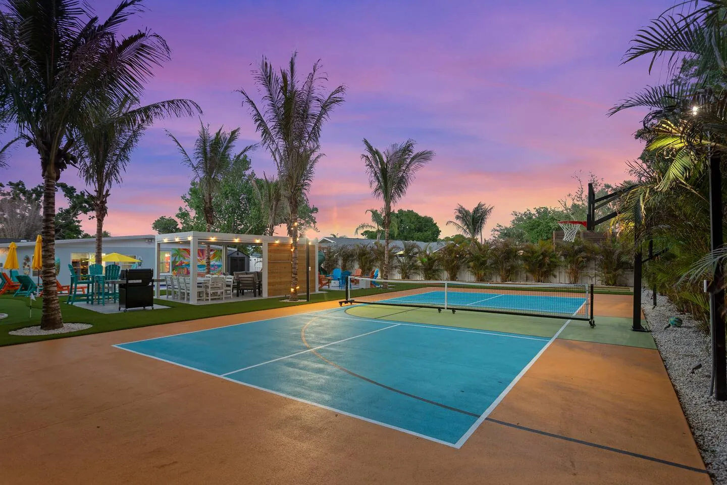 Pickleball court at twilight at Private Backyard Resort, Bradenton, Florida