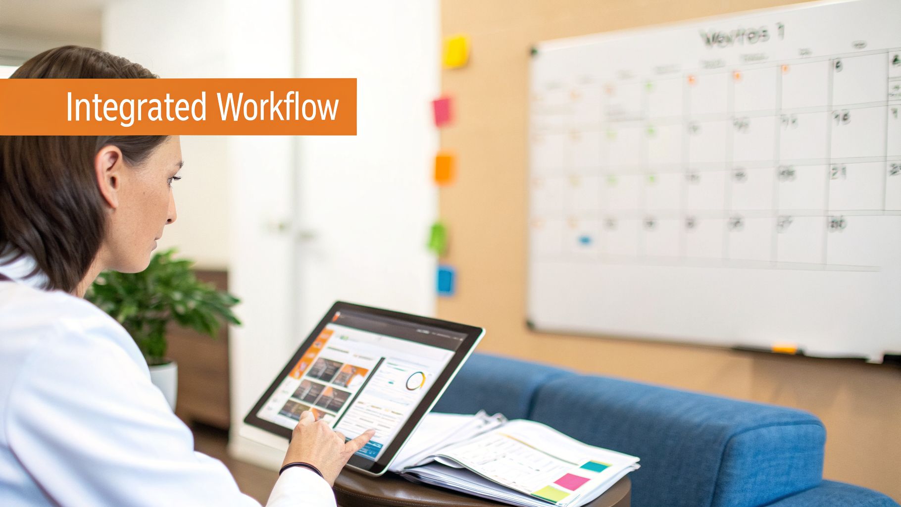 A professional uses a tablet with a dashboard displaying an integrated workflow in an office setting.