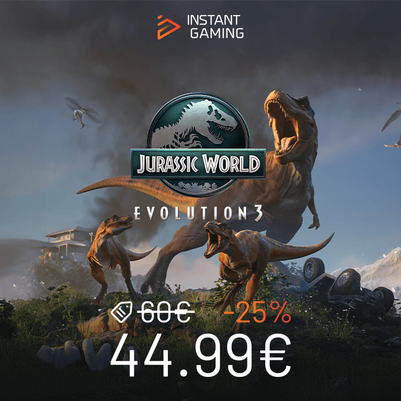 Jaquette officielle du jeu Jurassic World Evolution 3 sur PC, avec trois dinosaures dont deux T-Rex et un Velociraptor dans un décor forestier chaotique. Offre Instant Gaming à 44,99 € au lieu de 60 €.
