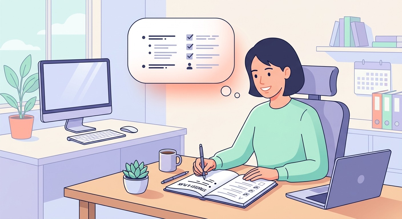 A person drafting a clear plan and checklist in a notebook before building an app