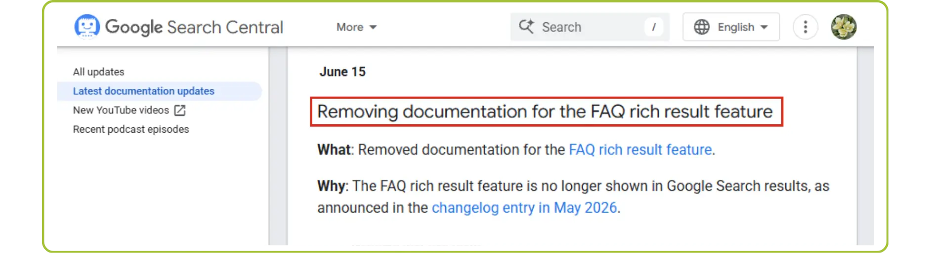 Google Search Central documentation update on removing FAQ rich results.