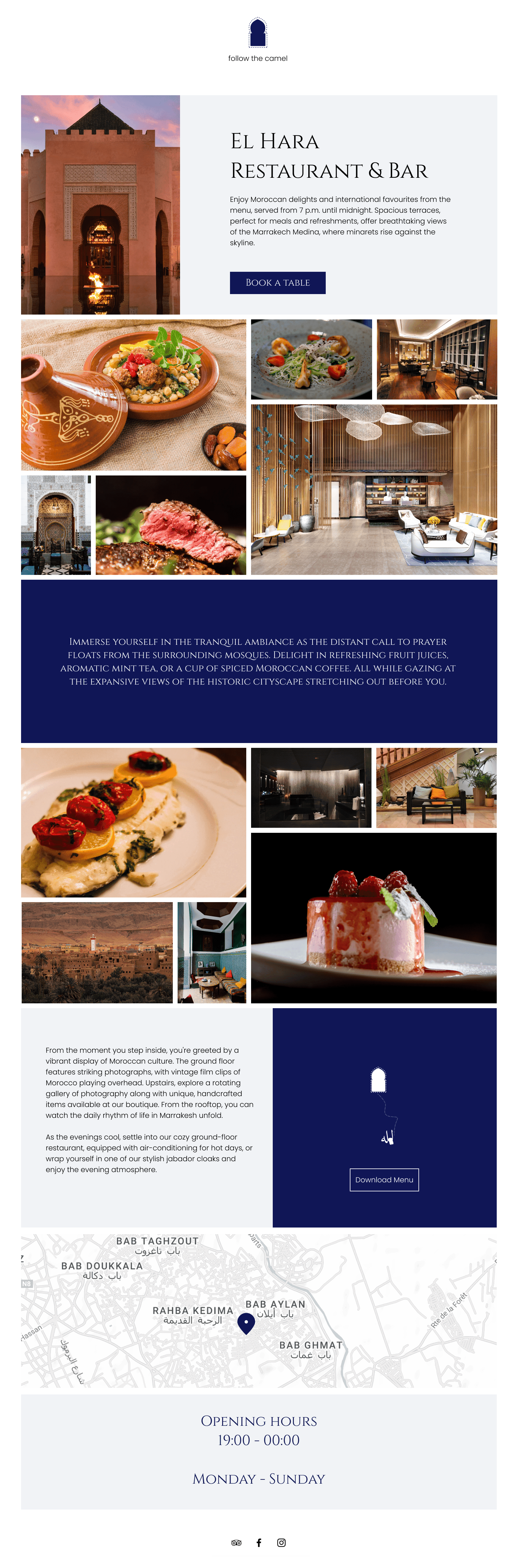 The webpage of the fictional El Hara Restaurant and Bar, consisting of text about and images of the venue, food pictures, links to the menu and the booking system, and a map and opening hours section.