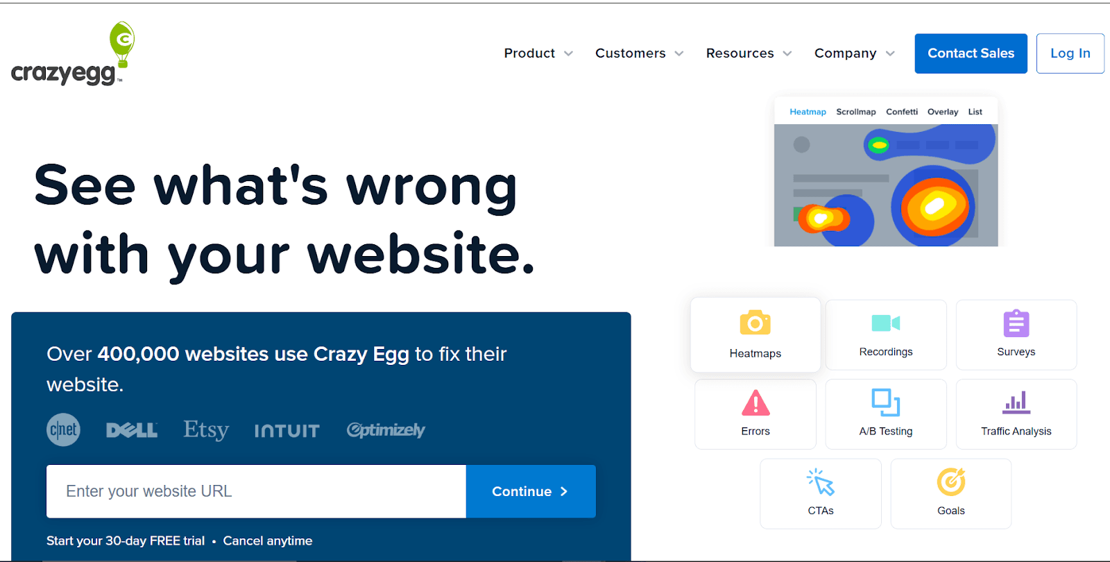 Crazy Egg homepage showcasing website analysis tools like heatmaps and A/B testing