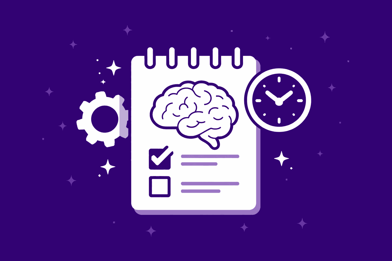 Illustration of a brain on a checklist with a tick box, clock and settings icon, representing cognitive skills, assessment and time based processing.