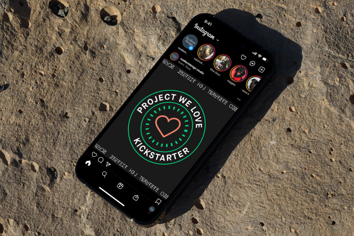 A mockup of a phone displaying a Kickstarter badge