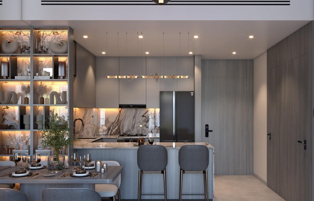 Contemporary living room with marble countertops and a dining space, showcasing Vista by Vision's design.