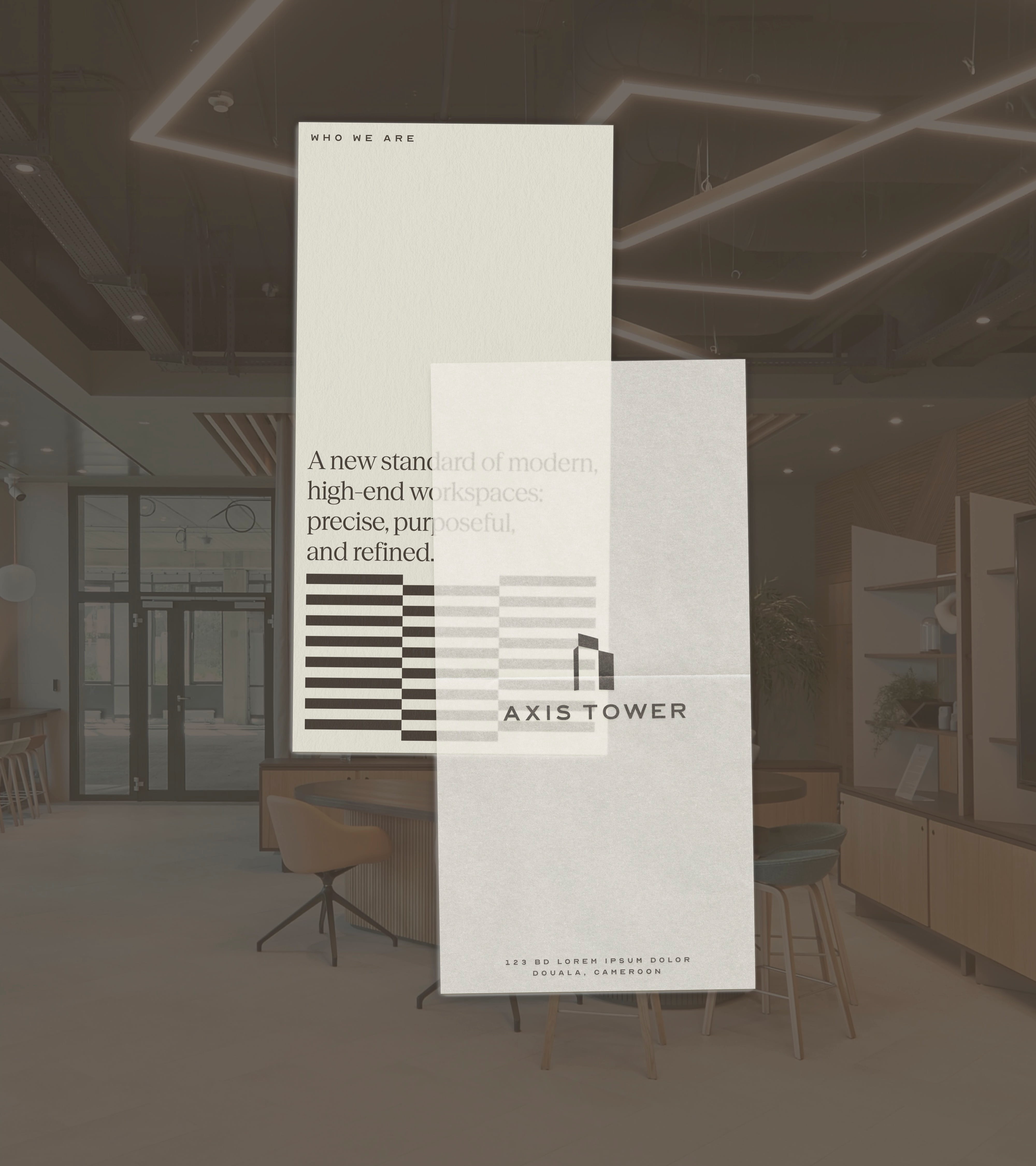 Branding, brochure design and visual identity design for premium, luxury office building in Douala, Cameroon