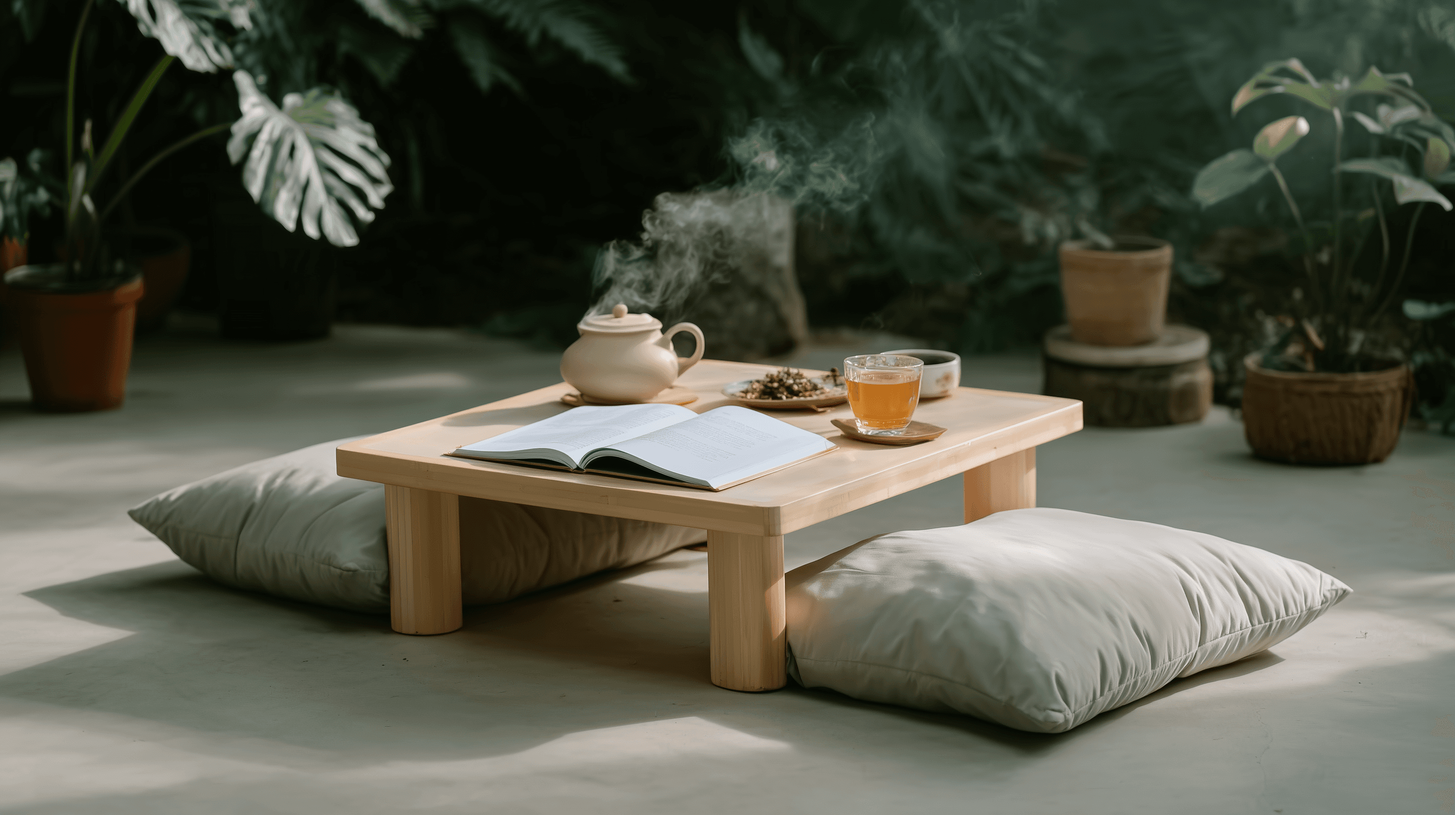 Table with open book, tea and pillows spread around