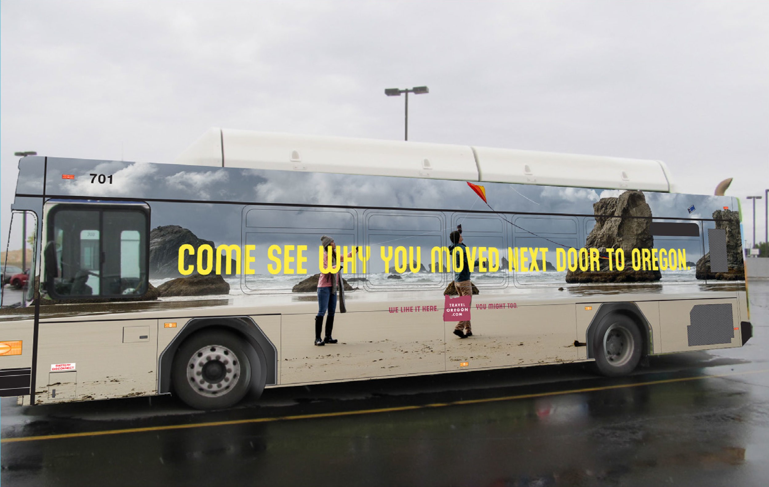 Travel Oregon campaign wrapped on a bus in Boise