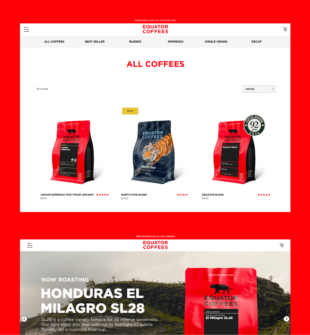 Shopify collection page for Equator Coffees displaying multiple coffee products and categories