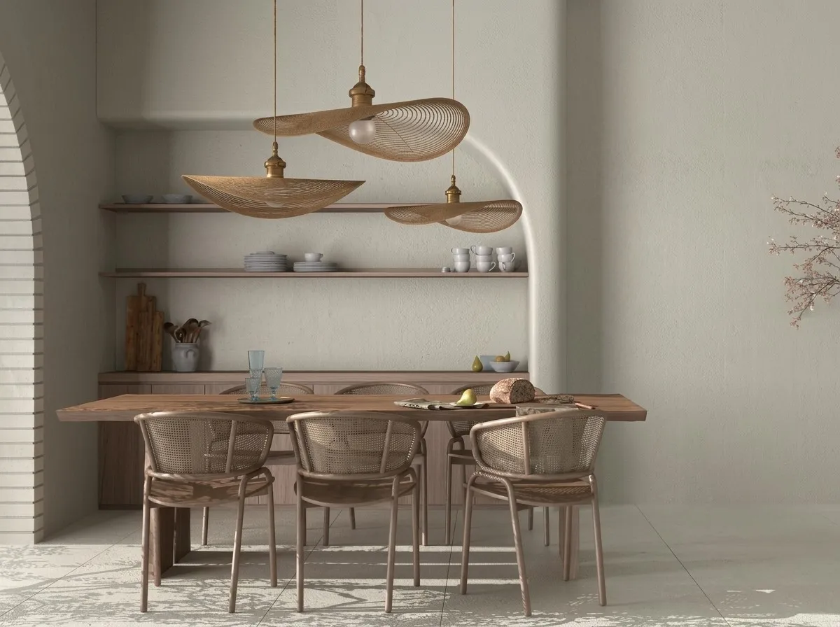 A minimalist interior featuring a wooden table and shelves with decorative items against a light wall.