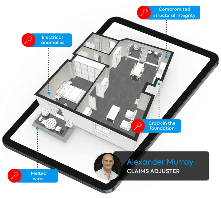 magic plan 3D floor plan highlighting electrical anomalies, structural damage, and foundation cracks