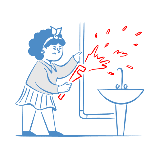 An illustration of a burst pipe, a woman is attempting to fix the pipe