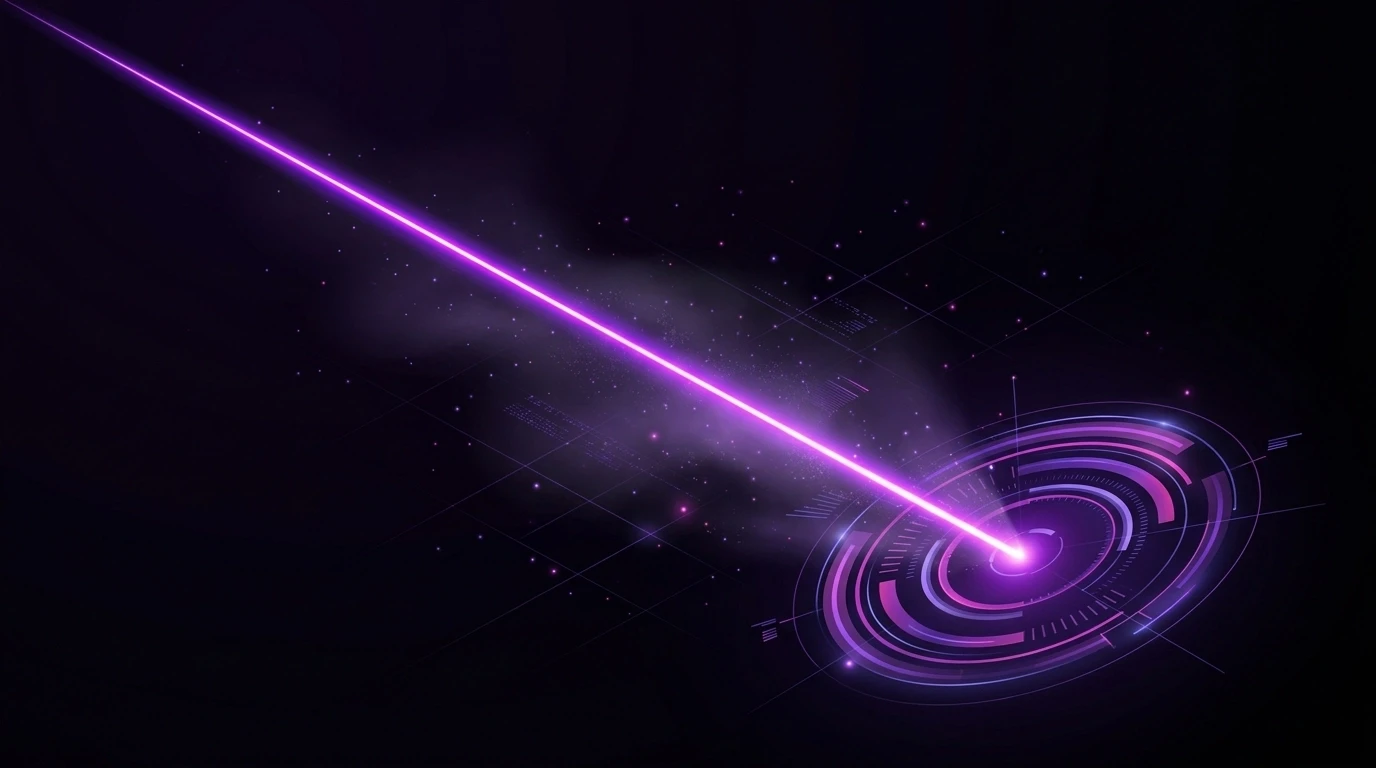 A luxury high-tech illustration of a sharp violet and magenta beam cutting through dark digital fog, representing precise targeting strategy