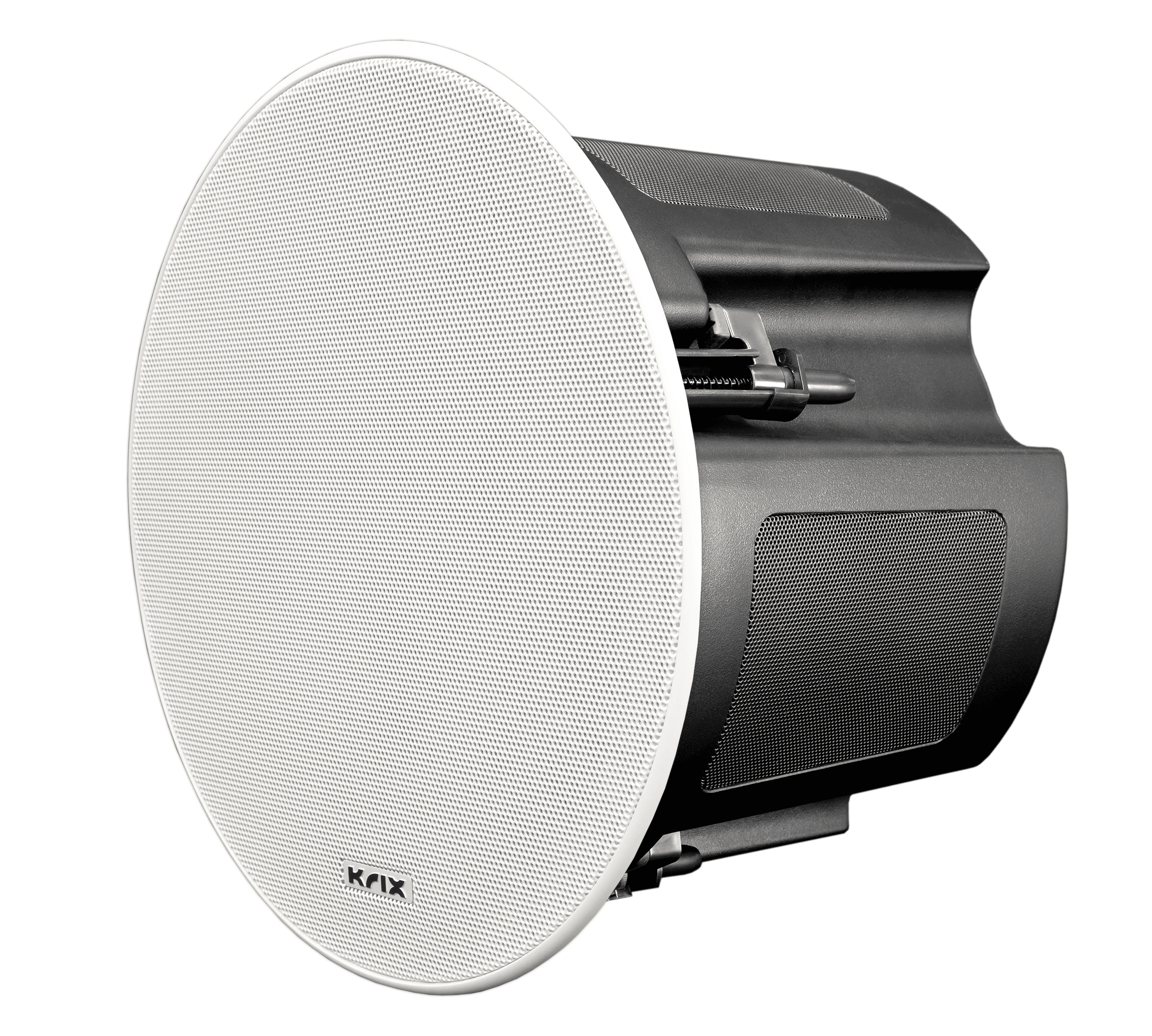 White circular speaker with black housing.