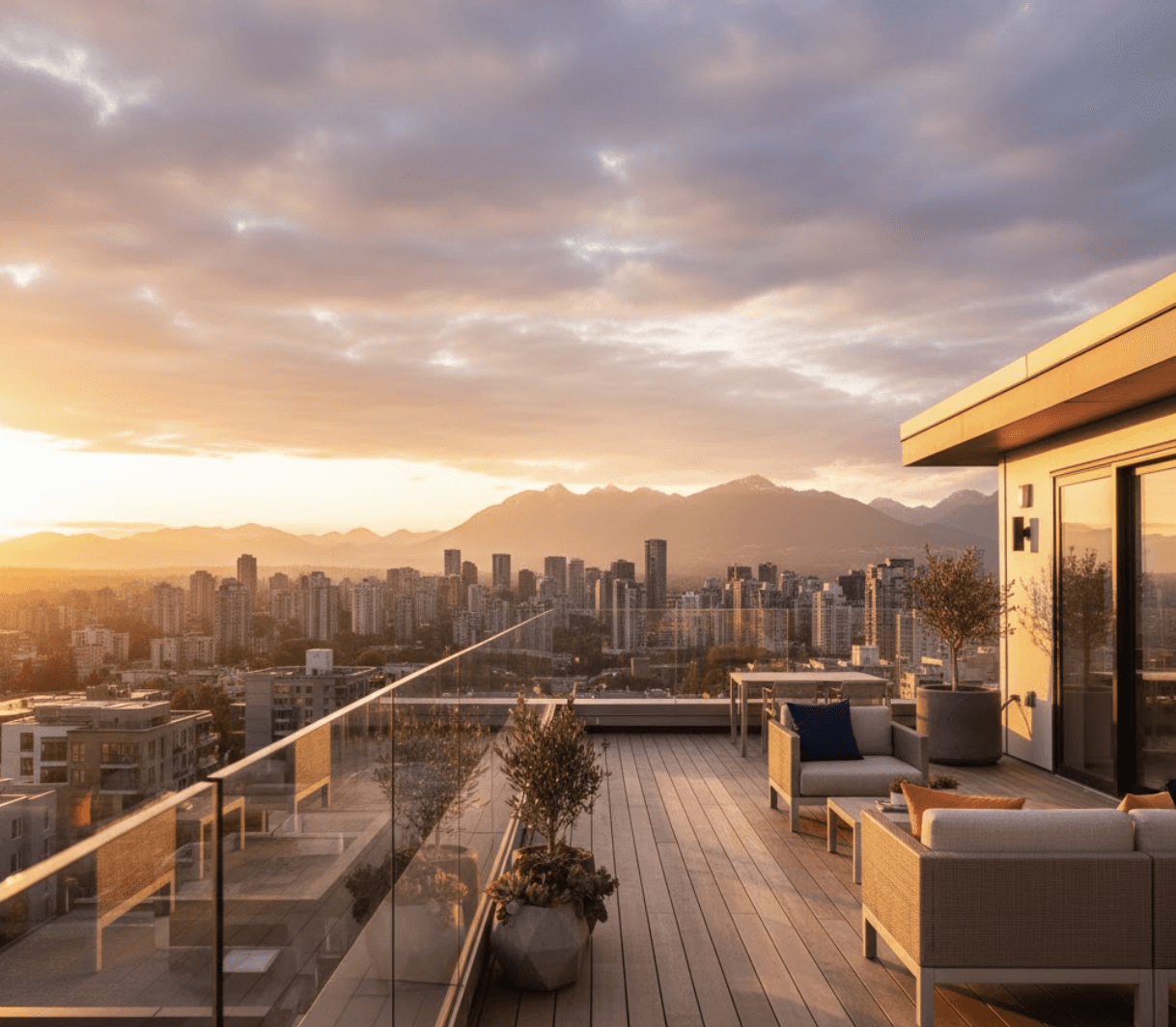 First-person POV standing on modern townhouse rooftop deck, frameless glass railings along perimeter, Vancouver skyline at golden hour, warm sunset light reflecting off glass panels, mountains visible in distance, wide angle 16mm lens, luxury real estate photography, glass railings nearly invisible