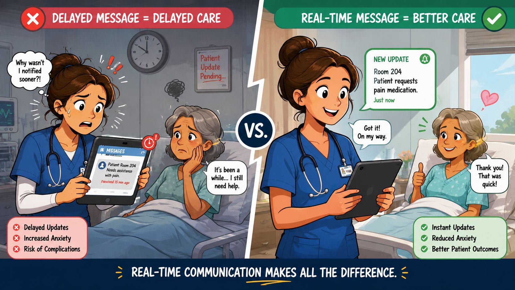 A comparison illustration showing how real-time messaging improves nurse efficiency and patient care outcomes in hospitals.