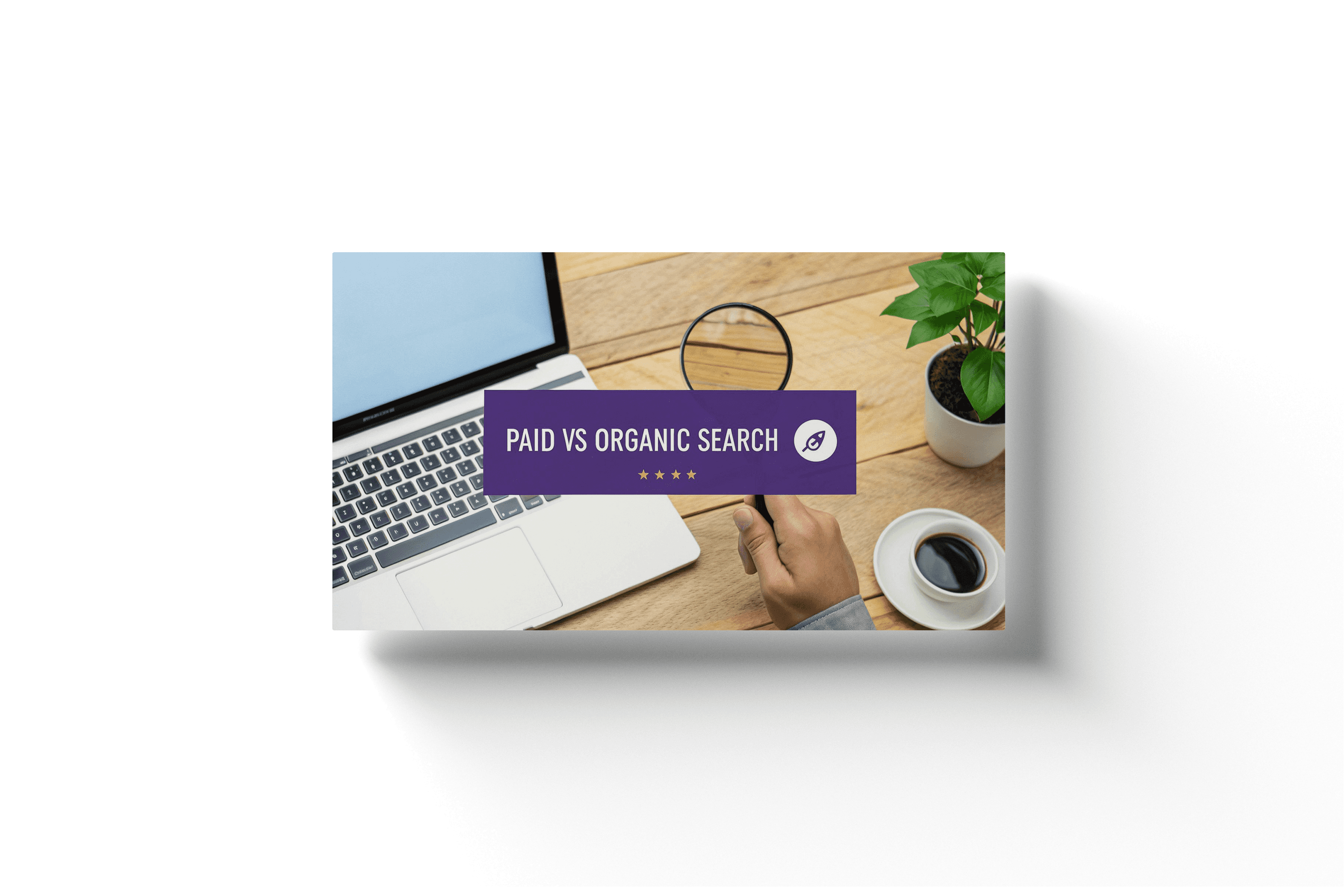 a man with a coffee cup and laptop on a wooden table behind a purple box that reads 'apid vs organic search'
