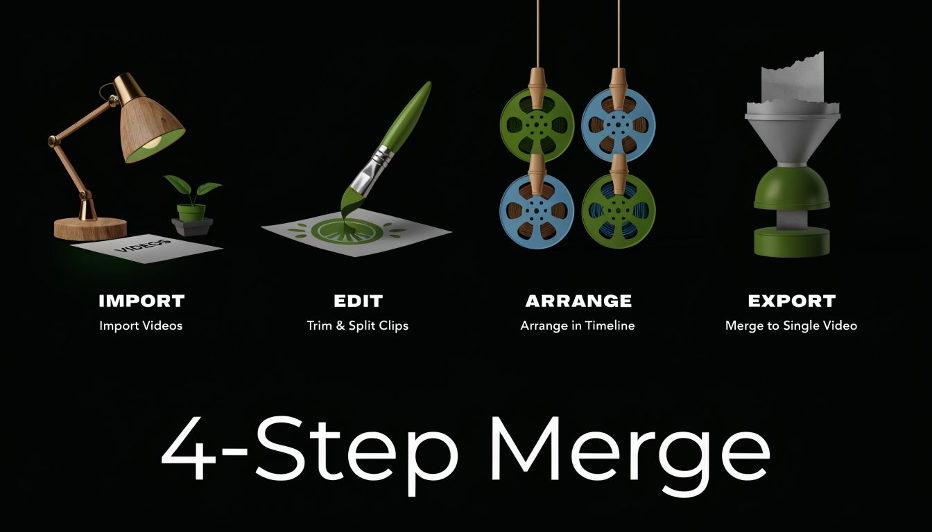 A four-step guide infographic showing symbols for importing, editing, arranging, and exporting video files.