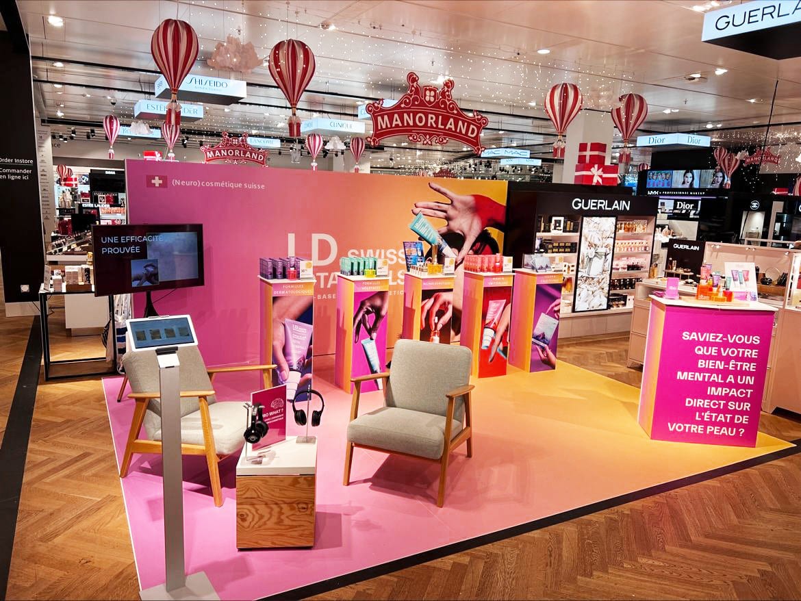 I.D. Swiss Botanicals retail experience in store showcasing immersive skincare activation and premium brand environment