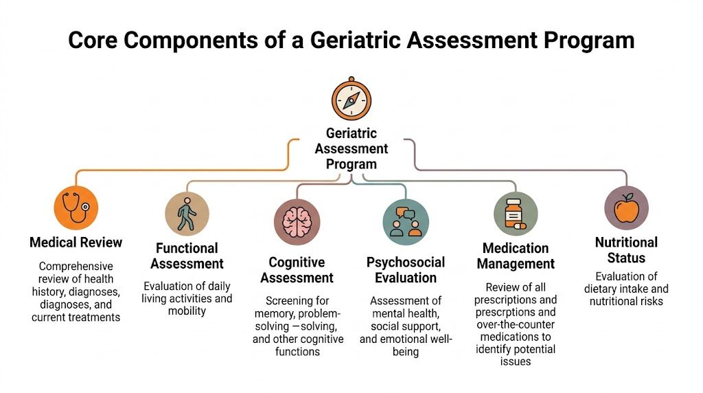 A diagram outlining the six core components of a geriatric assessment program, including medical, functional, and psychological evaluations.
