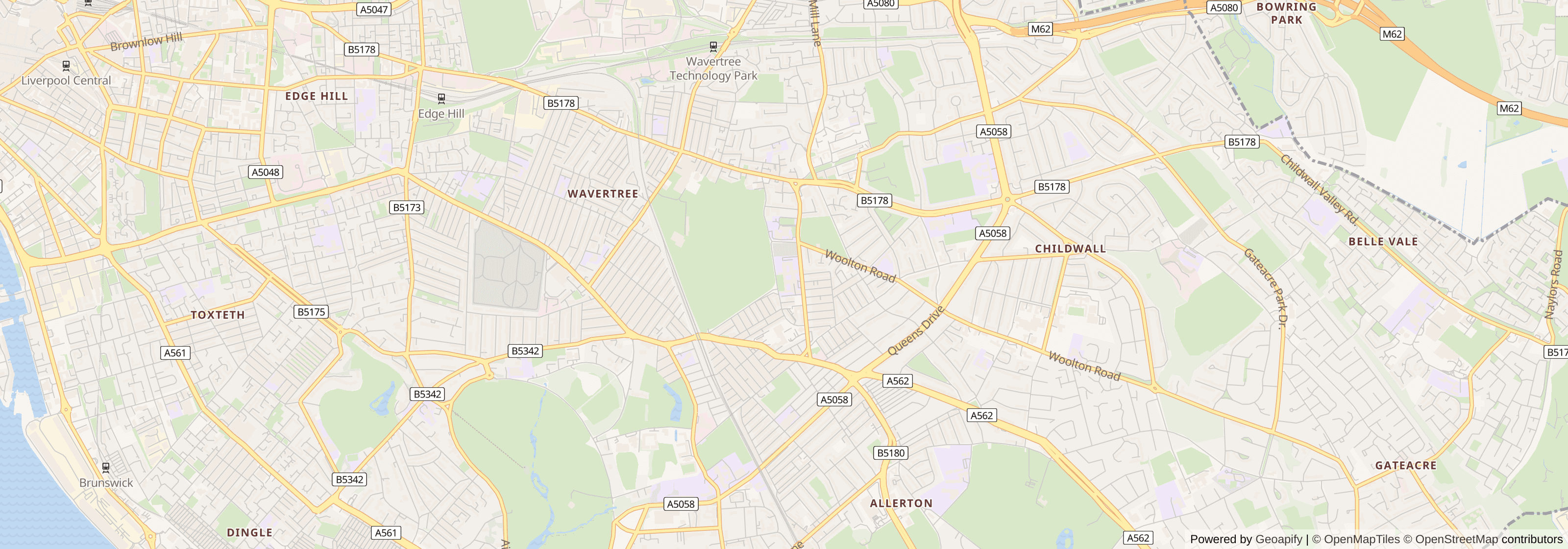 Street map of Liverpool, Merseyside showing main roads and nearby areas
