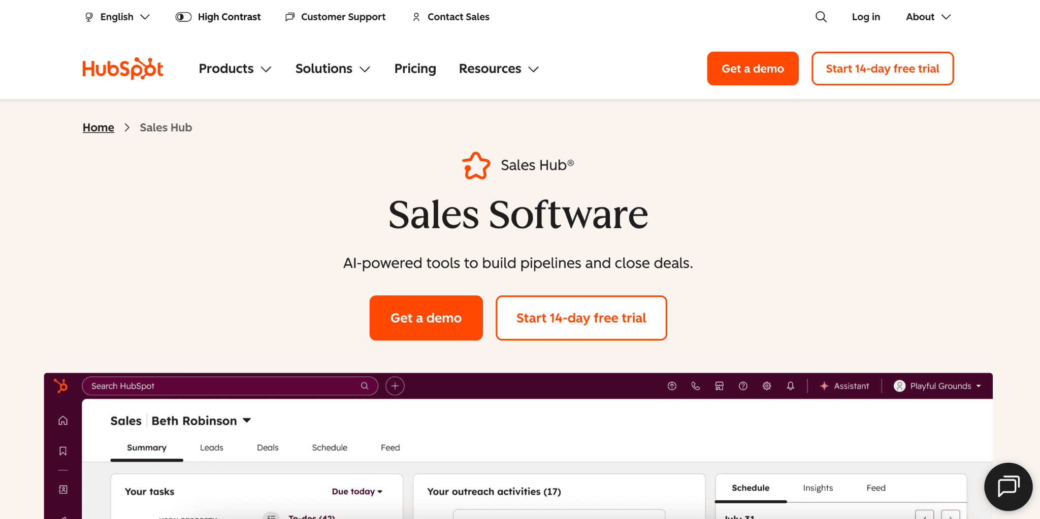 hubspot sales hub homepage