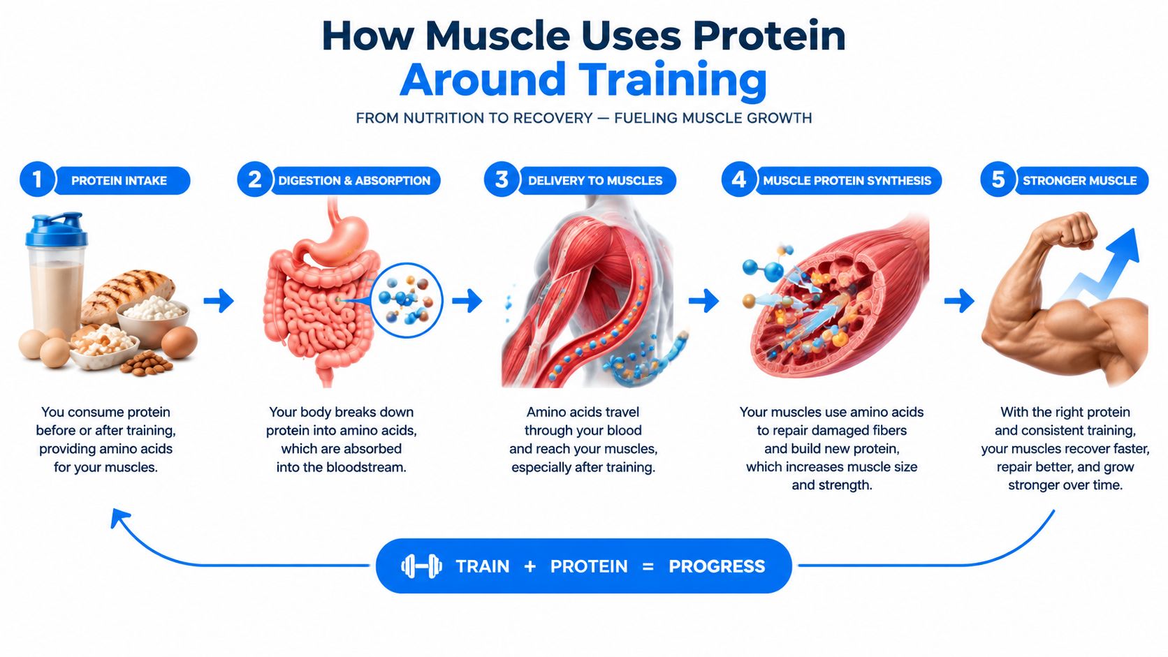 An infographic illustrating the five-step biological process of how the body uses dietary protein to build muscle.